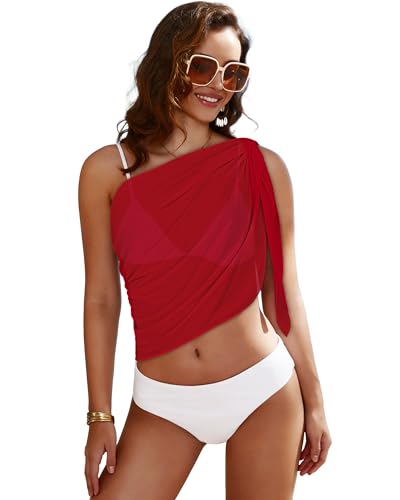 CHICGAL Red Women's Mesh Beach Sarong Wrap - Sheer Bikini Coverup, Casual Swimwear