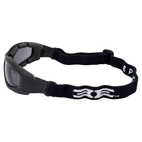 Epoch Eyewear Padded Motorcycle Riding Goggles Black Frame Smoke Lens Adjustable Strap ANSI z87.1 Safety Rated
