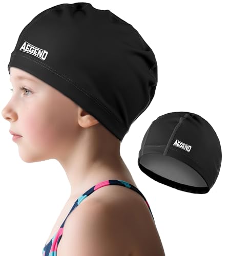 Kids Swim Caps - Soft Fabric Hat for Long Hair - Black, Medium