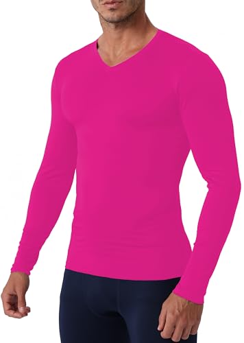 Men's V Neck Compression Shirt - Long Sleeve Workout Top - Hot Pink, Small