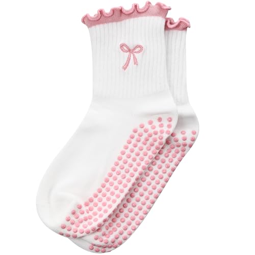 Cute Pilates Grip Socks for Women - Nonslip Yoga - Pink Bow