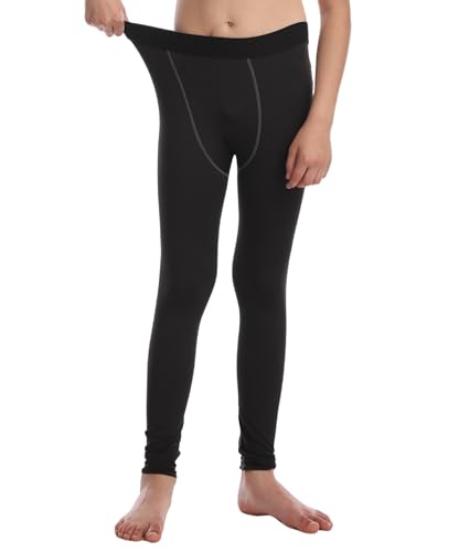 Boys Compression Pants - Thermal Athletic Leggings for Kids - Black