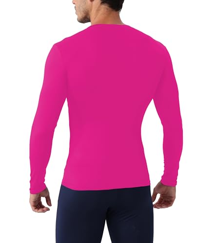 Men's V Neck Compression Shirt - Long Sleeve Workout Top - Hot Pink, Small