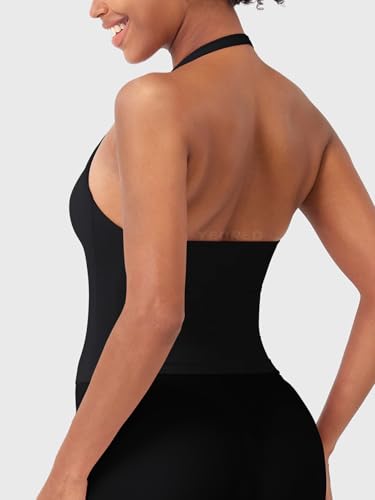 Women's Longline Backless Halter Tank Top with Built-in Bra - Medium Black