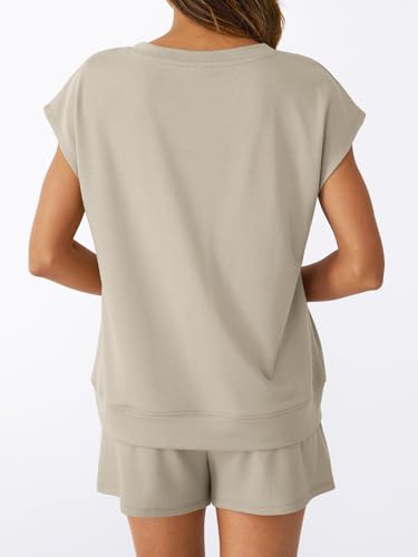 Automet 2-Piece Summer Short Set - Khaki Medium V-Neck Cap Sleeve Lounge Wear