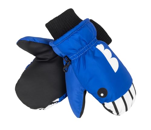 Kids Waterproof Ski Mittens - Blue Shark Design, 4-8 Years