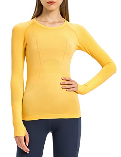 Women's Long Sleeve Yoga Shirt - Breathable Athletic Top, Large Yellow