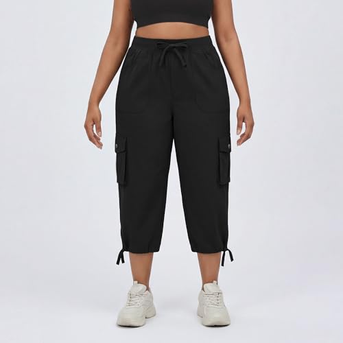 Plus Size Cargo Capris for Women with Pockets 5X-Large Black Lightweight Stretch