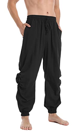 PACEIADTA Men’s Casual Cotton Linen Joggers 34 Black Elastic Waist Drawstring