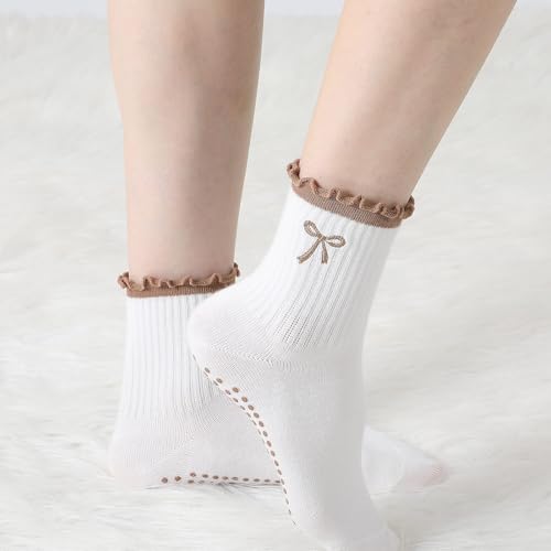 Nonslip Grip Socks for Women - Cute Pilates Socks - Brown Bow