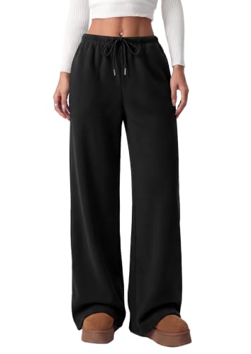 PrettyGarden Womens Wide Leg Fleece Sweatpants, Black, Medium