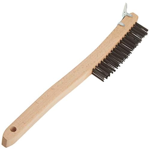 Forney 70521 Wire Scratch Brush, Stainless Steel with Curved Wood Handle, 13-3/4-Inch-by-.013-Inch