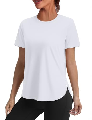 Women's UPF 50+ Short Sleeve Workout Top - Quick Dry, White/Large