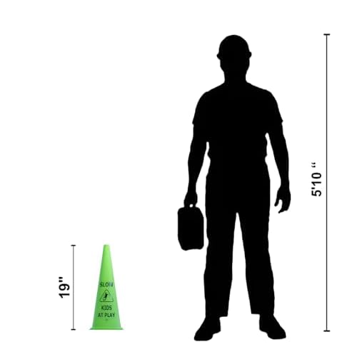 Vibrant Green 'Kids at Play' Safety Cone - 2ct, 19in Tall Durable & Fun Child Safety Solution for Driveways, Streets, Schools, and Parks