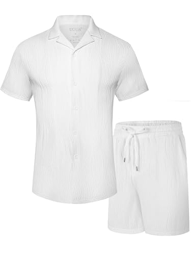 UOUA Men's Summer 2-Piece Short Sleeve Shirt & Shorts Set - Cubawhite, Large