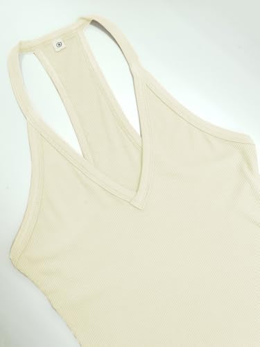 iGENJUN Women's Summer Racerback Tank Top Cream Large Slim Fit Ribbed V Neck