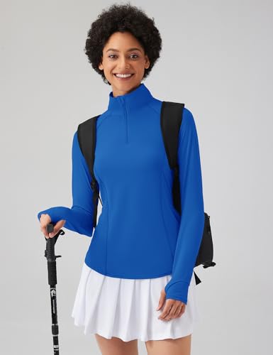 LOMON Women's Long Sleeve Sun Protection Hiking Shirt with Quarter Zip - Royal Blue, Medium