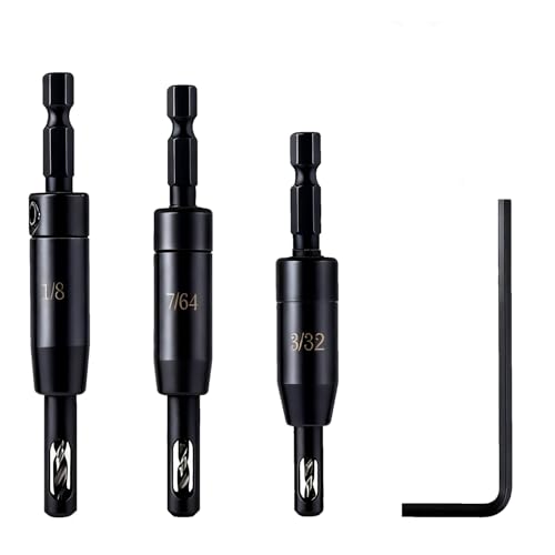 Self Centering Drill Bit Set, 1/4 Inch Hex Shank HSS VIX Bit Set with Hex Key, 3/32", 7/64", 1/8" Hinge Center Drill Bits for Precise Cabinet and Door Hinge Installation (3-Piece)
