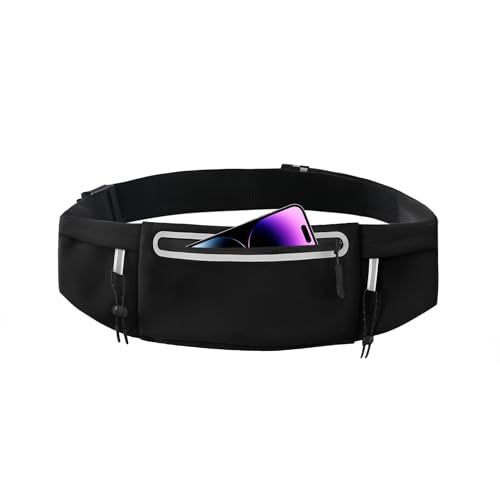 JUCURRI Black Running Belt Fanny Pack with 3 Pockets, Waterproof Phone Holder, Bib Clip & Reflective Strips