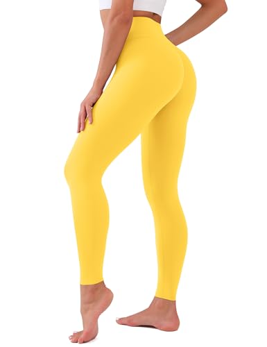 High Waisted Leggings with Pockets for Women - Full Length Yellow