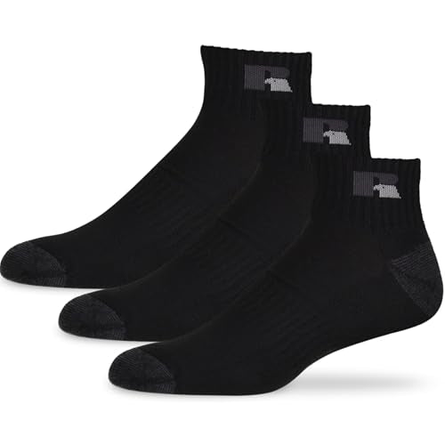 Russell Athletic Black Large Moisture-Wicking Cushioned Ankle Socks 3-Pack with Arch Support