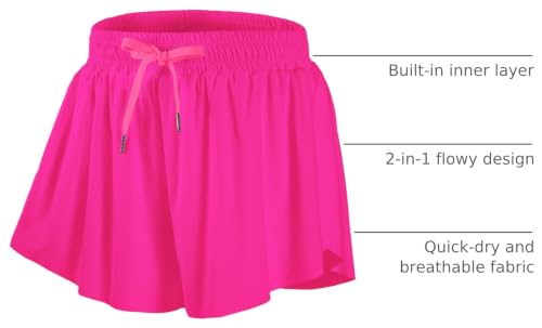 DIPUG Girls Butterfly Shorts with Pockets - 2-in-1 Flowy Athletic Cheer Skorts, Hot Pink, 10-11 Years