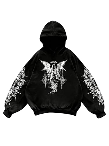 Verdusa Men's Y2K Gothic Graphic Hoodie Sweatshirt Medium Black