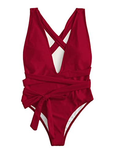 Lilosy Red Medium One-Piece Sexy Swimsuit for Women - Plunge Bathing Suit