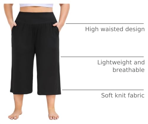 ZERDOCEAN Women's Plus Size High Waist Wide Leg Yoga Capris with Pockets - Black 3X