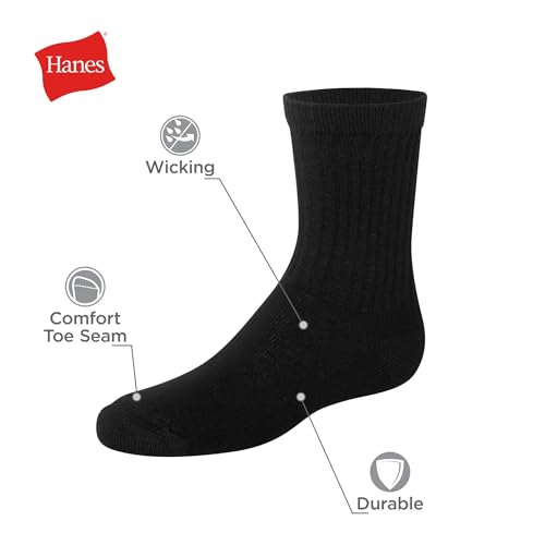 Hanes Boys' Uniform Crew Socks - Moisture-Wicking, 10-Pack, Black / Medium
