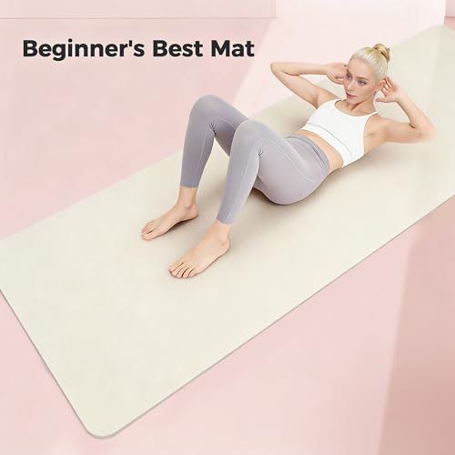 TPE Yoga Mat 72" x 24" Non-Slip 1/4 Inch Exercise Mat with Strap - Oat White