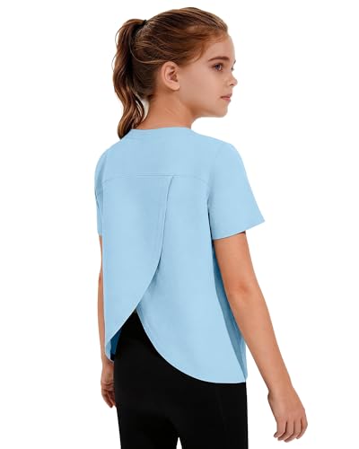 Girls Athletic T-Shirt - Split Open Back, Quick Dry, Blue, 7-8 Years