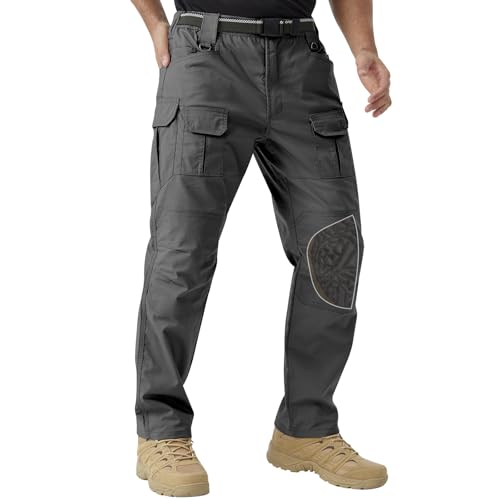 PandaVoy Men's Stretch Tactical Work Pants with Removable Knee Pads, Water-Resistant Ripstop Cargo Pants 34W x 32L Grey