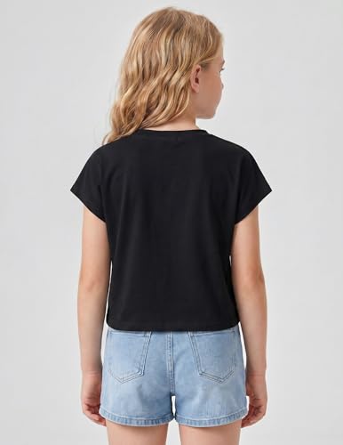 Girls Crop Top Batwing Short Sleeve Athletic T-Shirt - Black, 8-9 Years