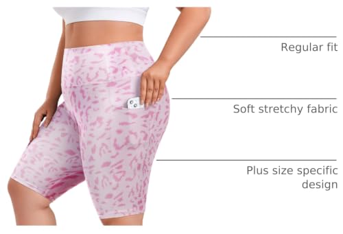 Plus Size Biker Shorts with Pockets - High Waist, Pink Leopard 3X-Large