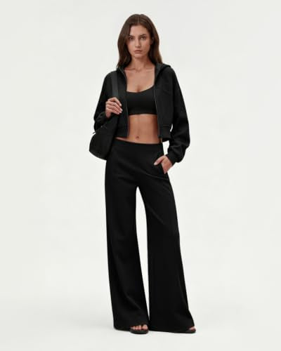 QINSEN Women's High-Waisted Wide Leg Yoga Pants with Zipper Pockets - Long 31.5", Black, Medium