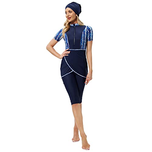 FYMNSI Medium Blue Muslim Burkini 3-Piece Swimwear Rash Guard Top Pants Hijab
