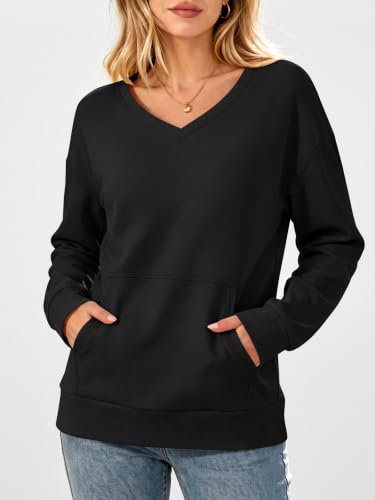 ANRABESS Women's V-Neck Long Sleeve Sweatshirt Large Black Cozy Casual Top