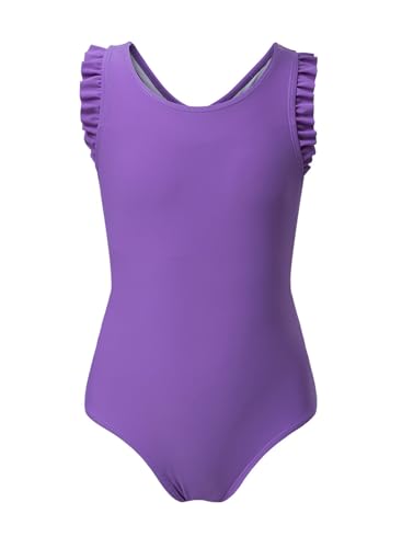 Purple 12-13 Years Girls Swimsuit with Ruffle Sleeveless One-Piece Summer Bathing Suit