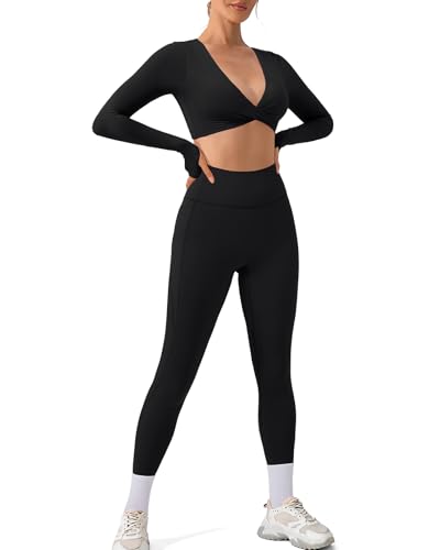 SUUKSESS Women 2-Piece Workout Set with Padded Twist Deep V Crop Top - Small / Black