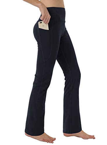 Keolorn Women's Bootleg Yoga Pants with Hidden Pockets, Tummy Control, Large Black