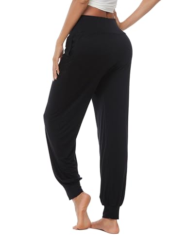 AvaCostume Women's Loose Yoga Harem Pants with Pockets - Large Black