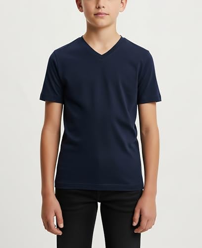 Youth Athletic T-Shirts - Dry-Fit Short Sleeve V Neck Tees - 5 Pack - Black, Grey, Navy, Charcoal, Denim Blue