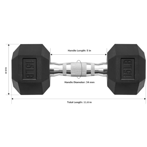 StrongPower Chrome Handle 15 lb Hex Dumbbells Pair – Rubber Coated, Anti-Roll