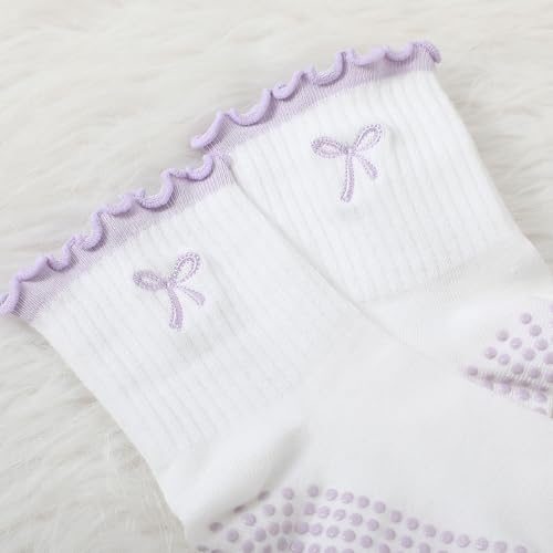 Nonslip Yoga Grip Socks for Women - Purple Bow