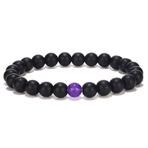 His and Hers Black Matte & Purple Agate Stone Bracelets - 8mm