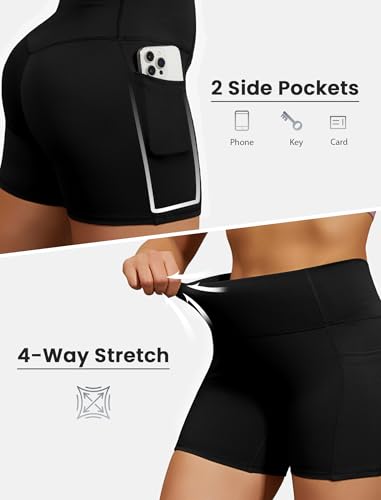 High Waisted Biker Shorts for Women - Medium Black - Tummy Control Yoga Compression with Pockets