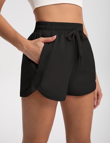 High Waisted Running Shorts for Women - Black, X-Large
