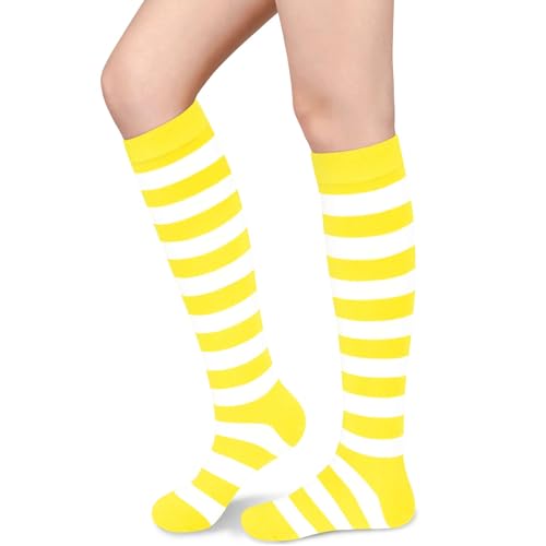 Knee High Striped Socks for Women - Yellow White Striped