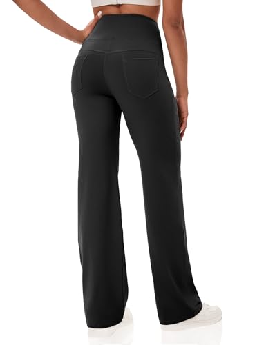 VOOVEEYA 29" Inseam Yoga Pants for Women with Pockets, Tummy Control, Straight Leg Black
